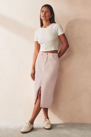 Buy ONLY Pink Petite Denim Midi Skirt With Front Split from Next Bahrain