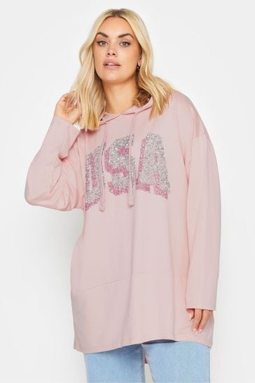 Yours Curve Pink 'USA' Sequin Slogan Longline Hoodie