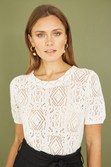 Yumi White Cotton Crochet Knitted Top