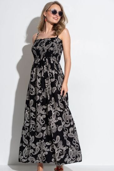 Pour Moi Black Paisley Strapless Shirred Bodice Maxi Beach Dress