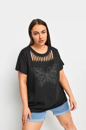 Yours Curve Black Cut Out Butterfly Embellished T-Shirt