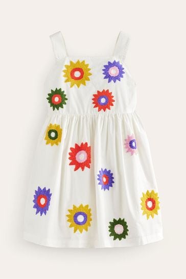 Boden White Textured Appliqué Dress