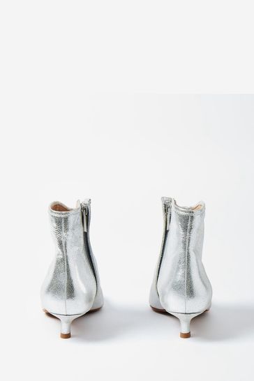 Oliver Bonas Silver Pointed Kitten Heel Leather Boots