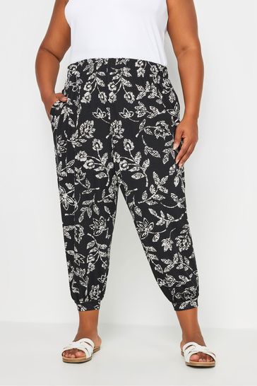 Yours Curve Black Vine Print Cropped Harem Trousers