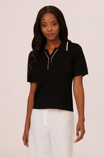 Adrianna Papell Pointelle Short Sleeve Tipped Black Polo Sweater