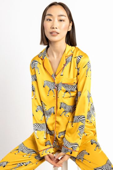 Chelsea Peers Yellow Satin Mustard Zebra Print Long Pyjama Set