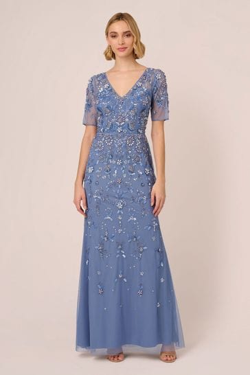 Adrianna Papell Blue Beaded Mesh Long Dress