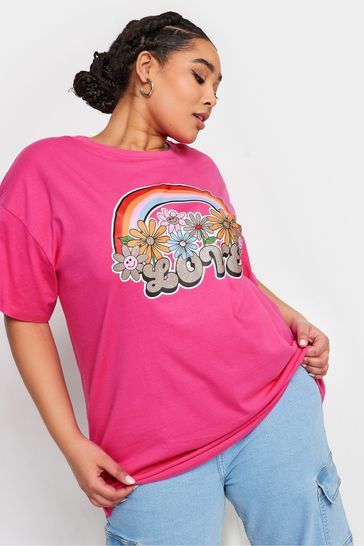 Yours Curve Pink Relaxed Drop Shoulder Rainbow Love T-Shirt