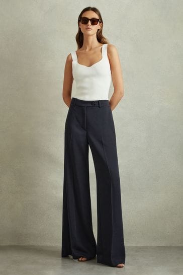 Reiss Navy Solene Wide Leg Split Hem Trousers