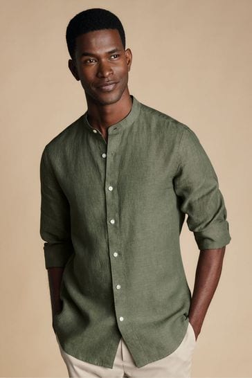 Charles Tyrwhitt Green Plain Slim Fit Pure Linen Collarless Shirt
