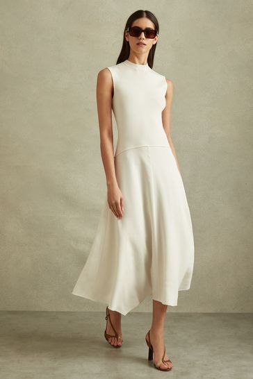 Reiss Ivory Lani Hybrid Knit Tie Back Midi Dress