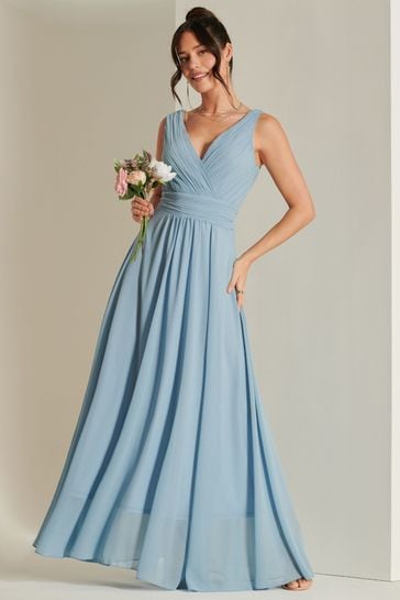 Jolie Moi Blue Pleated Bodice Chiffon Maxi Dress