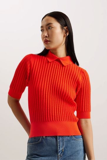 Ted Baker Red Morliee Puff Sleeve Fitted Sweater