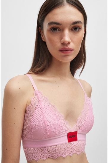 HUGO Pink Padded Triangle Bra in Geometric Lace With Logo Label
