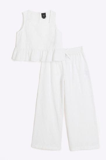 River Island White Girls Broderie Top and Trousers Set