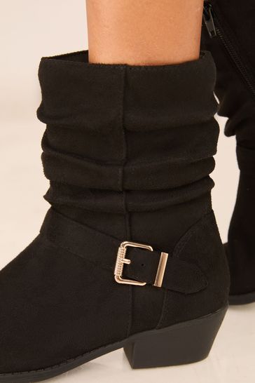 Buy Lipsy Black Wide Fit Flat Faux Suede Buckle ruched Ankle Boot from Next Bahrain