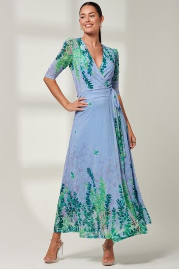 Jolie Moi Blue Kinley Print Wrap Mesh Maxi Dress