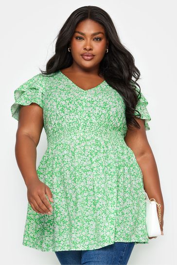 Yours Curve Green Ditsy Print Flutter Sleeve Peplum Top