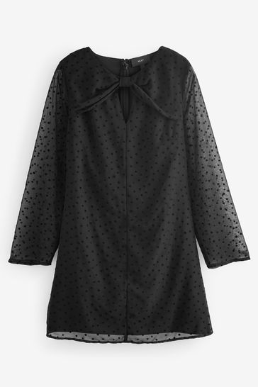 Buy Black On Black Polka Dot Spot Bow Neck Detail Long Sleeve Mini Dress from Next Bahrain