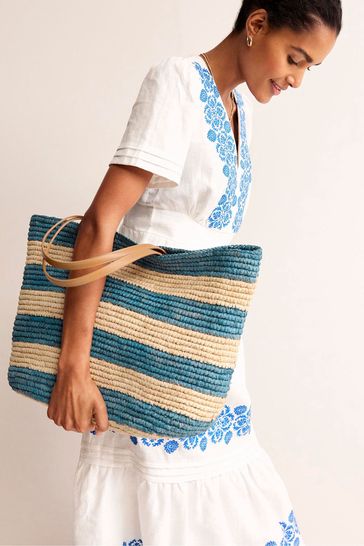 Boden Blue Raffia Tote Bag