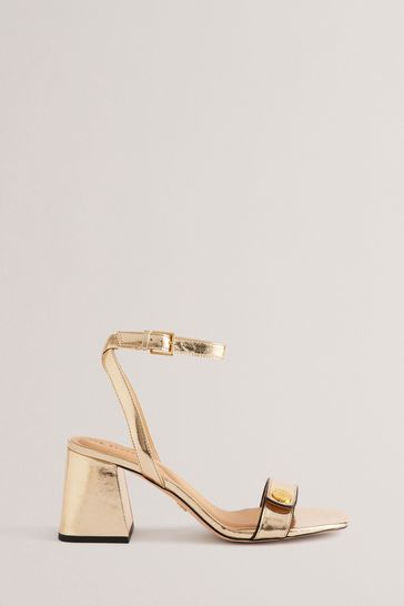 Ted Baker Gold Milliiy Mid Block Heel Sandals With Signature Coin