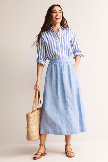 Boden Blue Florence Linen Midi Skirt