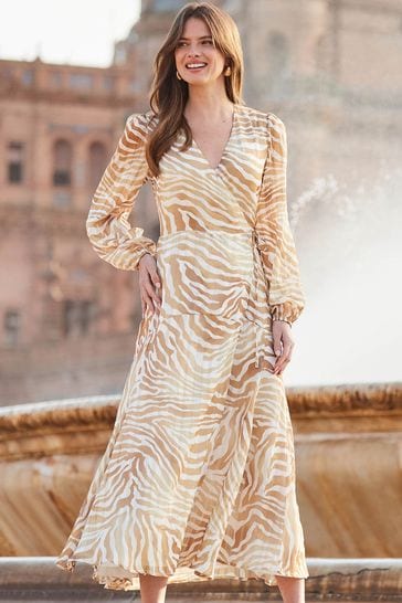 Buy Sosandar Brown Animal Print Blouson Sleeve Wrap Maxi Dress