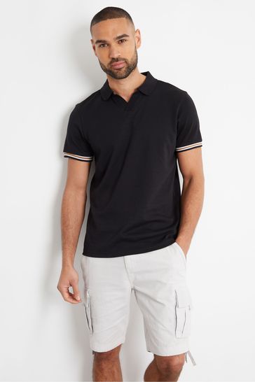 Threadbare Black Open Collar Pique Polo Shirt