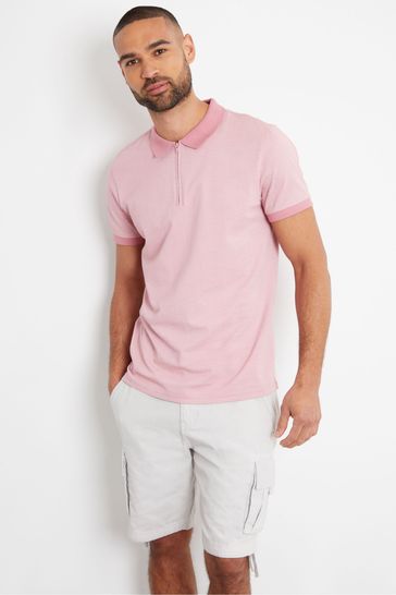 Threadbare Pink Geometric Print Zip Collar Cotton Jersey Polo Shirt