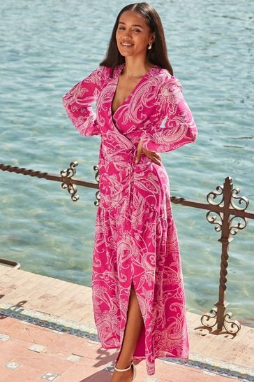 Pink wrap maxi dress best sale