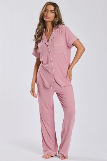 Loungeable Pink Short Sleeve and Long Bottom Traditional Pyjama Set