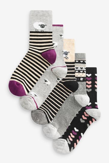 Black/White Sheep Ankle Socks 5 Pack
