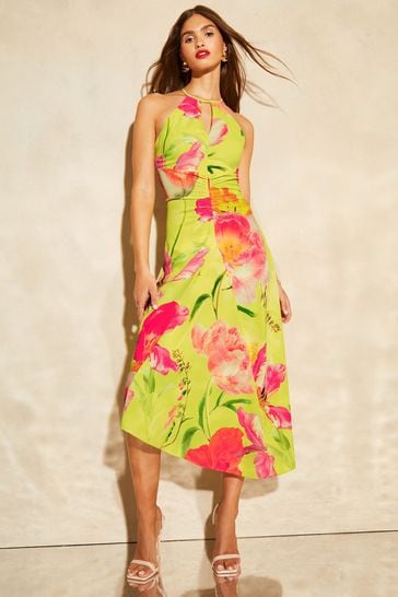 Lipsy Green Floral Halter Ruched Front Midi Dress