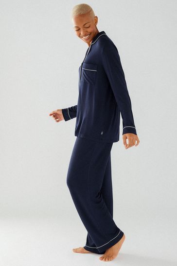 Chelsea Peers Blue Modal Button Up Long Pyjama Set