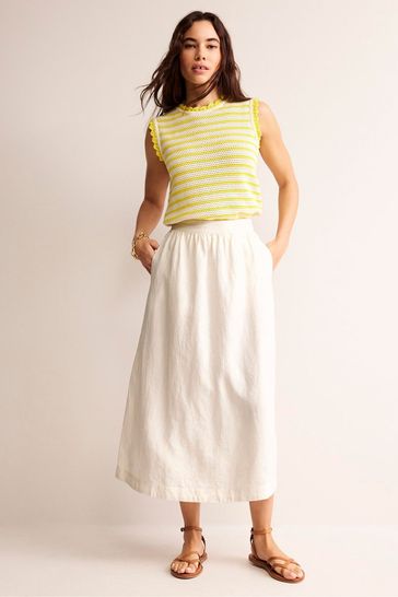 Boden Cream Petite Florence Linen Midi Skirt