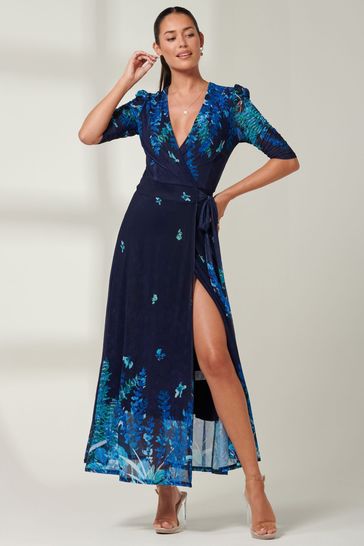Jolie Moi Navy Blue Kinley Print Wrap Mesh Maxi Dress