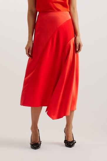 Ted Baker Red Bolsena Satin Midi Skirt With Asymmetric Hem