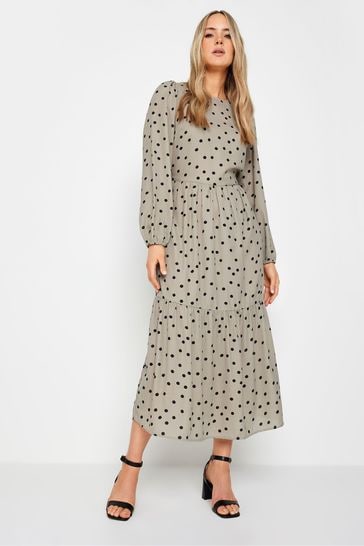 Long Tall Sally Beige Brown Spot Print Tiered Midi Dress