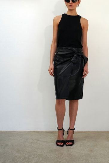 Religion Black Faux Fur Leather Midi Wrap Skirt With Zip Pockets