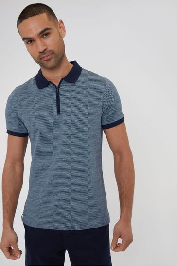 Threadbare Blue Jacquard Quarter Zip Cotton Polo Shirt