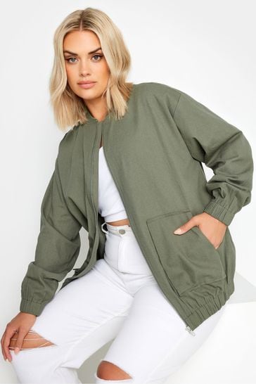 Yours Curve Green Twill Casual 100 Cotton Bomber Jacket