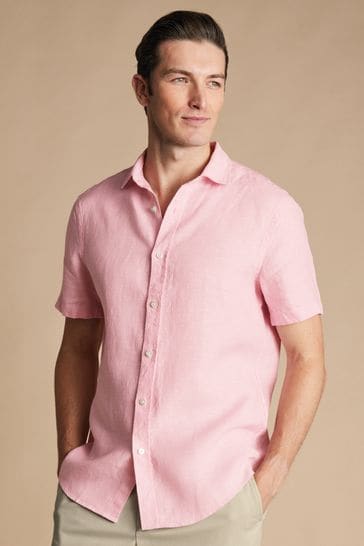 Charles Tyrwhitt Pink Classic Fit Plain Short Sleeve Pure Linen Shirt