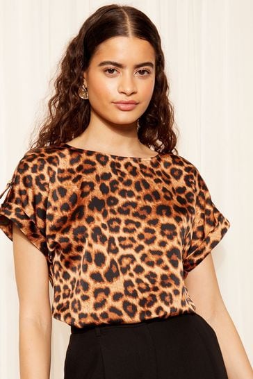 Friends Like These Leopard Browm Printed Satin Utility Short Sleeve Top