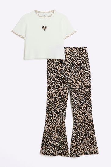 River Island Brown Girls  Leopard T-Shirt and Kickflare Set