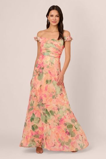 Adrianna Papell Pink Printed Chiffon Gown