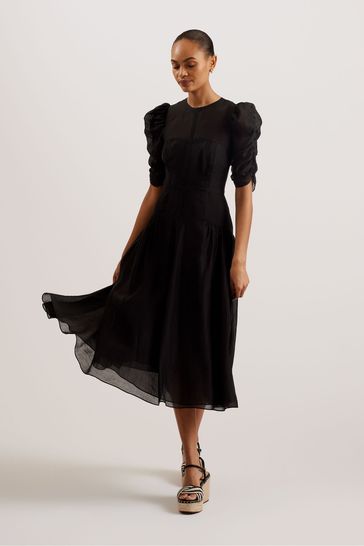 Ted Baker Tatsu Puff Sleeve Midi Black Dress