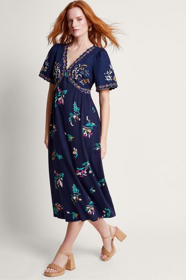 Monsoon Blue Maya Floral Embroidered Dress
