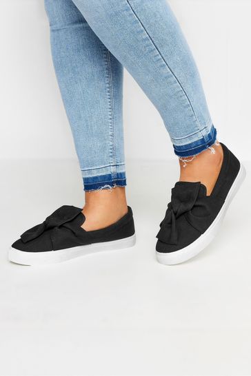 Yours Curve Black Denim Twisted Bow Slip-On Trainers In Wide E Fit
