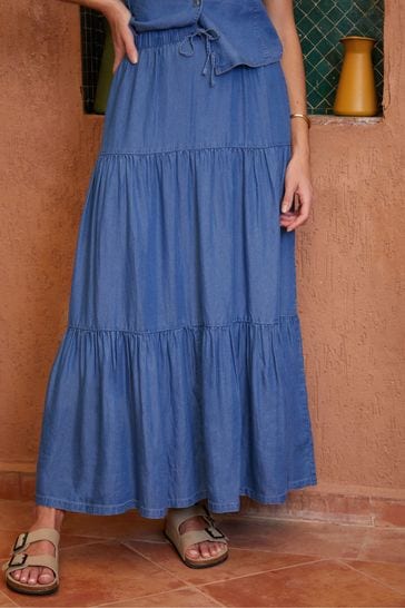 Threadbare Blue Pull On Tiered Chambray Midi Skirt