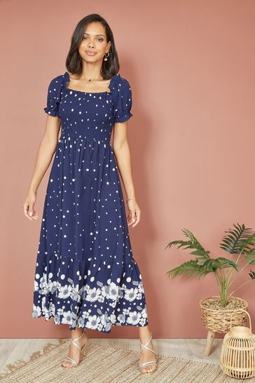 Mela Blue Spot And Floral Print Border Ruched Midi Dress